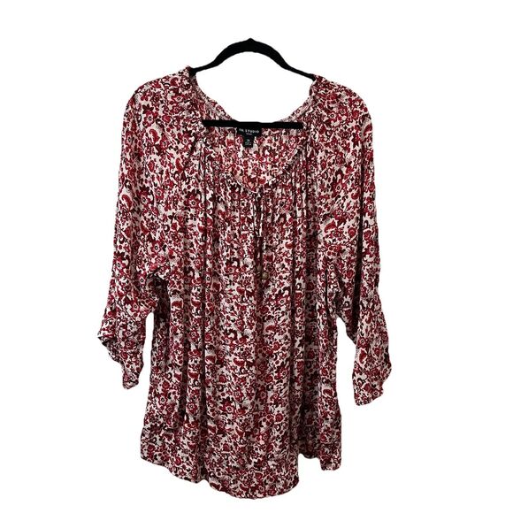 I.N. Studio Red Floral Cottage Boho Flare Sleeve Cinch Waist Top Womens Size 3X - Picture 1 of 11